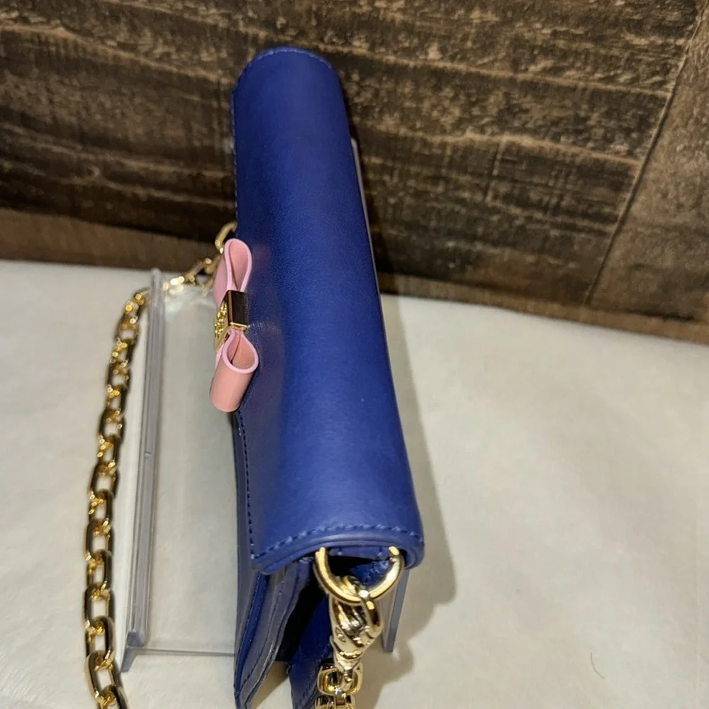 Tory Burch Blue Leather Mini Crossbody with Pink Bow and Gold Chain